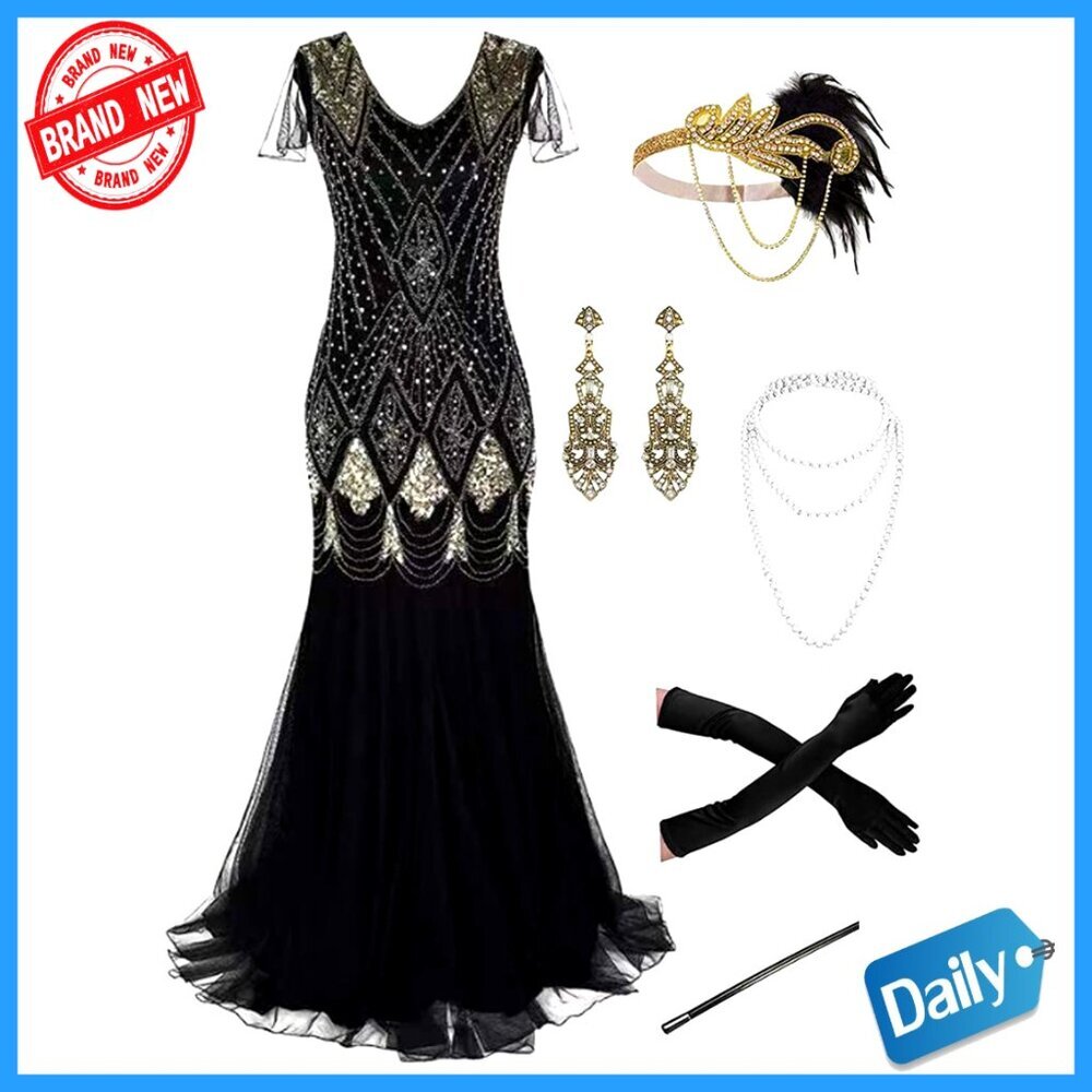 Plus Size Vintage Fringed Sequin Flapper Cocktail Dress with Accessories